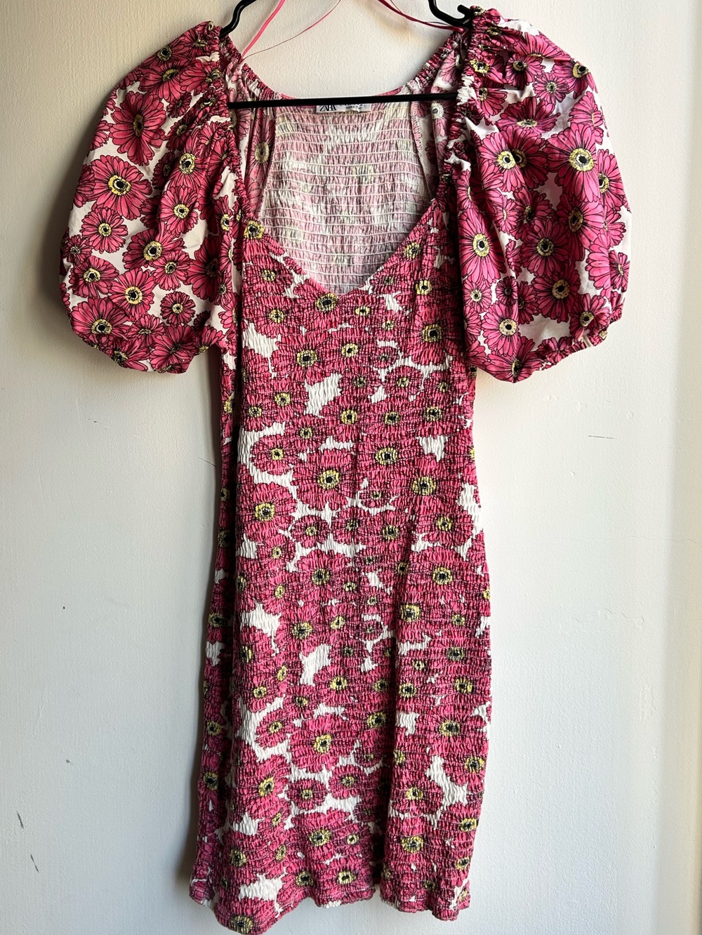 Zara Hot Pink Floral Puff-Sleeve Smocked Mini Dress